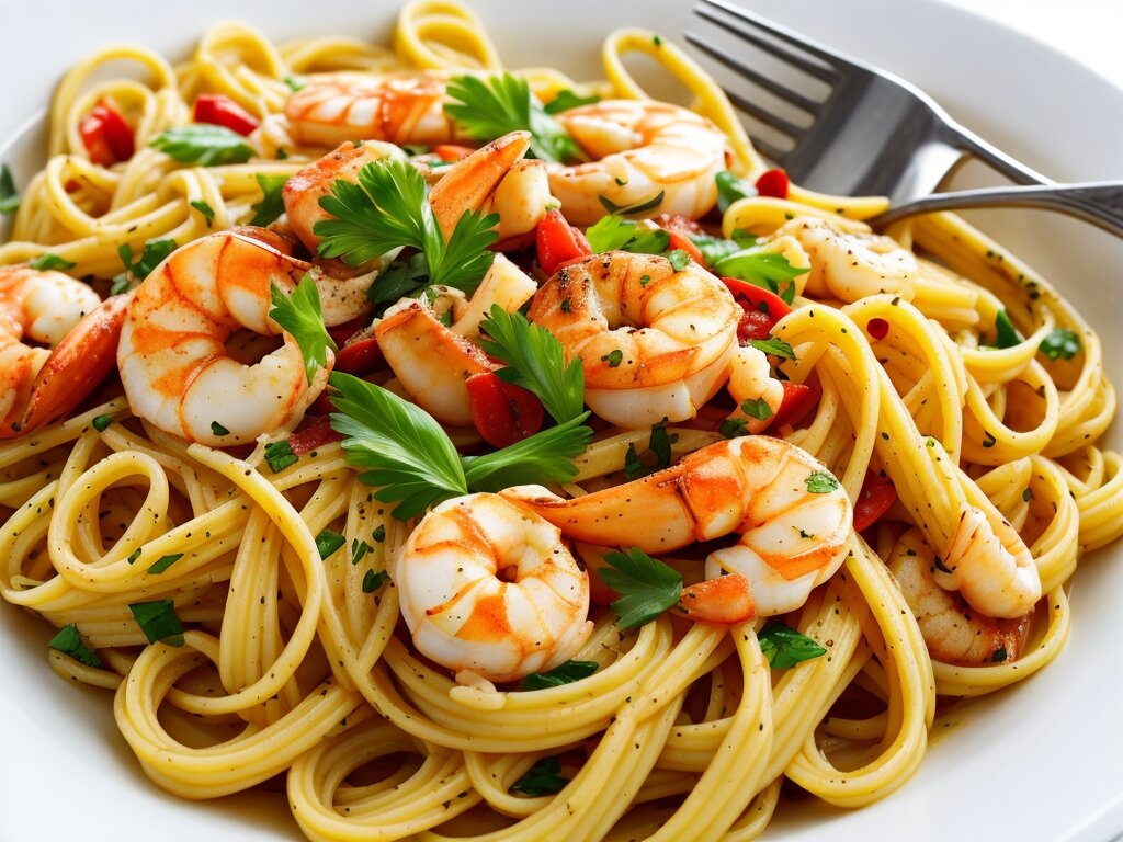 Спагетти с морепродуктами и лисичками