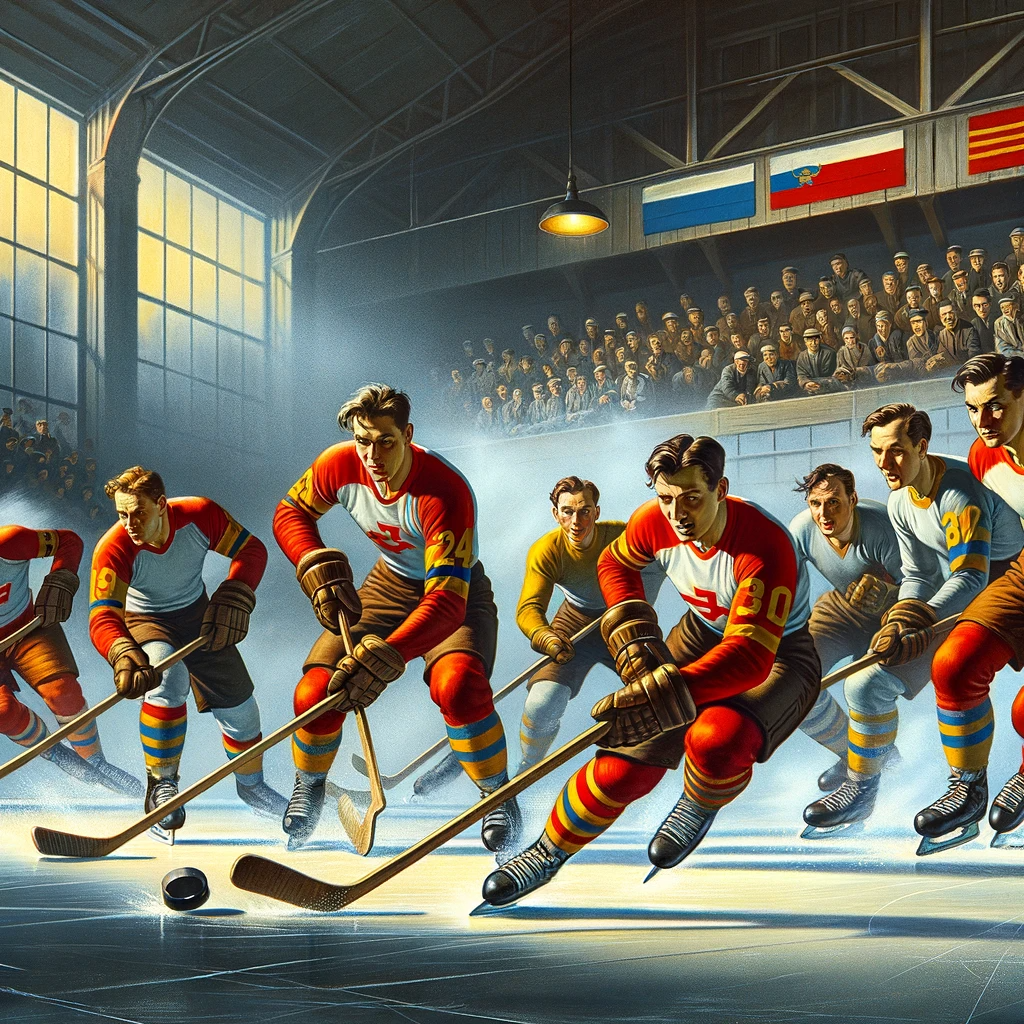 Иллюстрация демонстрирует ранние советские хоккейные команды, готовящиеся к международным соревнованиям. Изображены тренировочные сессии и командный дух, лежащий в основе их успеха. (Иллюстрации являются плодом фантазии и индивидуального восприятия автора и могут не точно отражать реальность.)