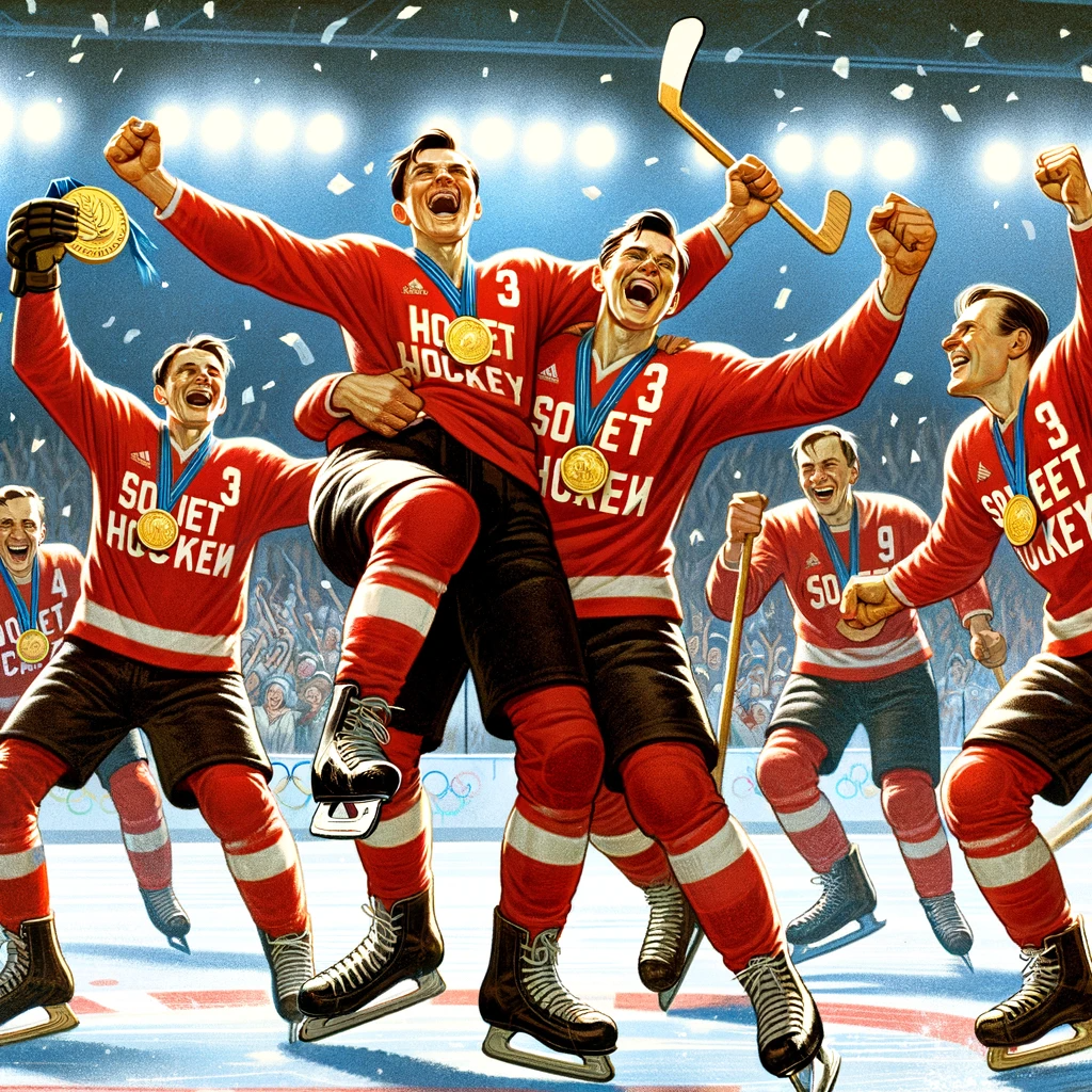 На иллюстрации изображена советская хоккейная команда во время победного матча на Олимпийских играх. Отображены навыки и слаженность команды на льду, подчеркивающие их мастерство. (Иллюстрации являются плодом фантазии и индивидуального восприятия автора и могут не точно отражать реальность.)