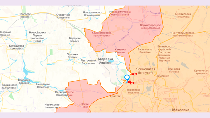 НАПРАВЛЕНИЯ НАШИХ УДАРОВ В ПРОМЗОНЕ АВДЕЕВКИ. ОБОЗНАЧЕНА СТАНЦИЯ ЯСИНОВАТАЯ-2. ИСТОЧНИК: LOSTARMOUR.INFO/MAP