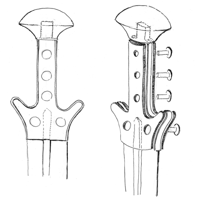 Крепление рукояти и навершия к мечу или кинжалу с длинным хвостовиком, по Констаниди-Сивириди и др., 2023