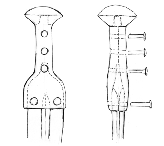 Крепление рукояти и навершия к мечу или кинжалу с коротким хвостовиком, по Констаниди-Сивириди и др., 2023