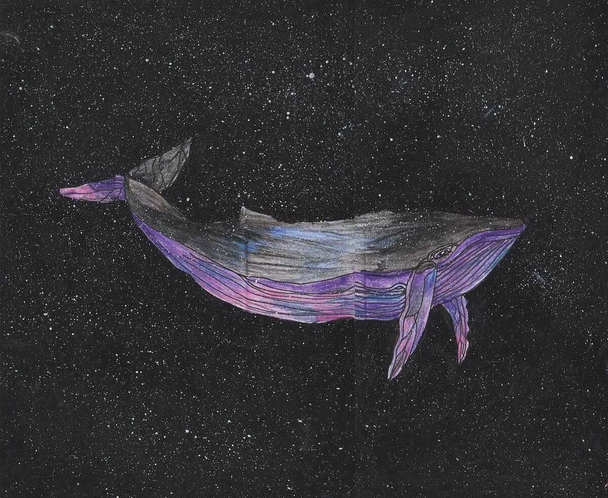 Космический путь
Whales vol. 1

Это работа нарисована была через два года в другом скетчбуке. Он малинового цвета и первом взгляде мне понравился цвет и как-то скептически отнеслась к нему, хотя это и мой любимый формат А5. А теперь о самой работе. Кит о фон они космические, мне понравилось экспериментировать. То есть сочетать акварельные карандаши и акрил. Сейчас все чаще использую линер и акрил. Акрил идеальная краска, которая ложится ровным тоном и в отличие от гуаши, он не смазывается.