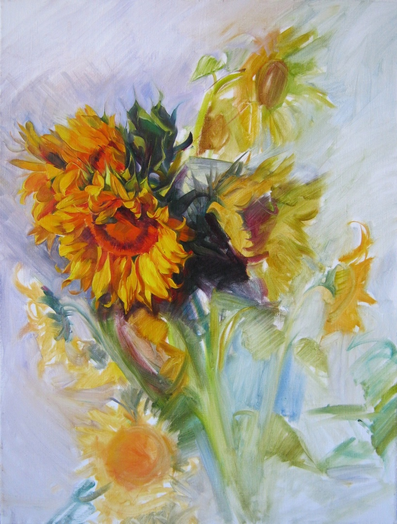 1. Дальше на этой основе можно писать в полную силу, со всеми необходимыми подробностями. Но вначале подсохший слой подмалёвка покрываем на том участке, где будем продолжать работу, ретушным лаком - проводим межслойную обработку.