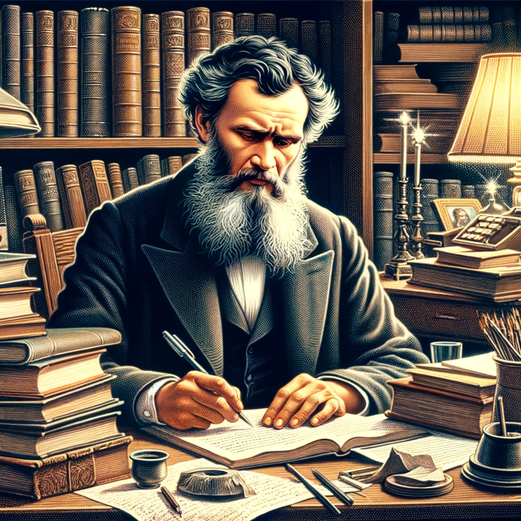 Иллюстрация демонстрирует Льва Толстого, работающего над одним из своих великих произведений. Он погружен в мысли, окруженный книгами и рукописями в своем кабинете. (Иллюстрации являются плодом фантазии и индивидуального восприятия автора и могут не точно отражать реальность.)