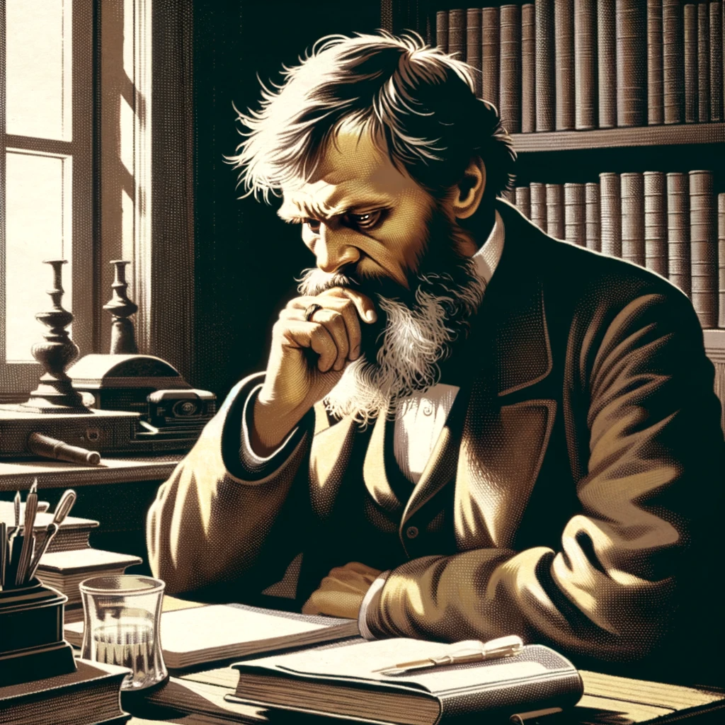 На иллюстрации изображен Федор Достоевский, погруженный в раздумья во время написания одного из своих романов. Отображается его интенсивное сосредоточение и атмосфера обдумывания в его рабочем пространстве. (Иллюстрации являются плодом фантазии и индивидуального восприятия автора и могут не точно отражать реальность.)