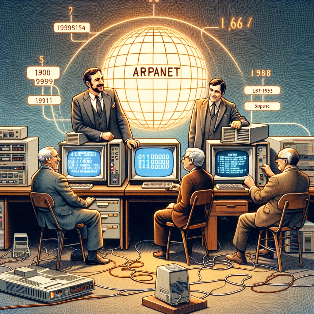 Иллюстрация показывает первые компьютеры, подключенные к ARPANET. Это исторический момент в развитии Интернета, где видны первые шаги создания сети.