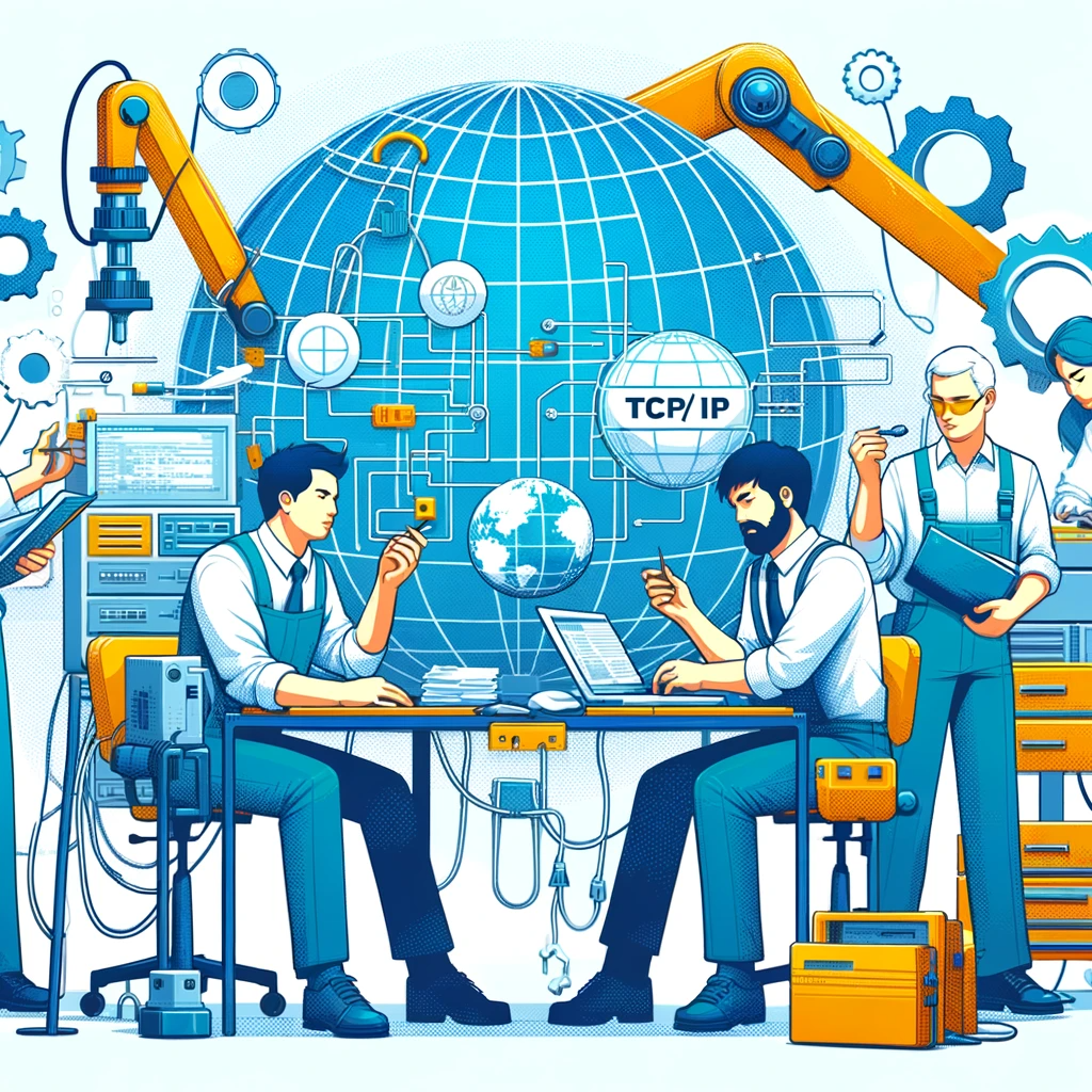 На иллюстрации изображены инженеры, работающие над разработкой протоколов TCP/IP. Изображение демонстрирует совместные усилия и технические инновации на раннем этапе истории Интернета.