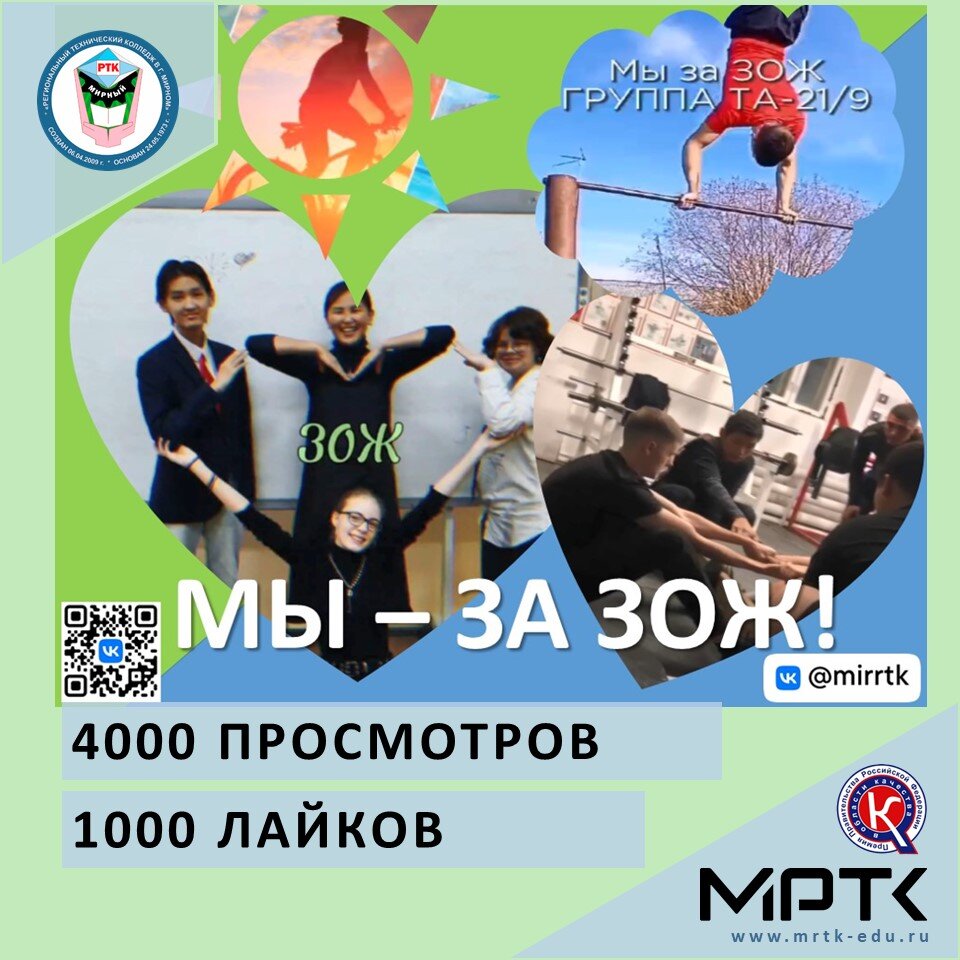 4000 человек просмотрело ролики студентов МРТК ВКонтакте «Мы - за здоровый образ жизни!».