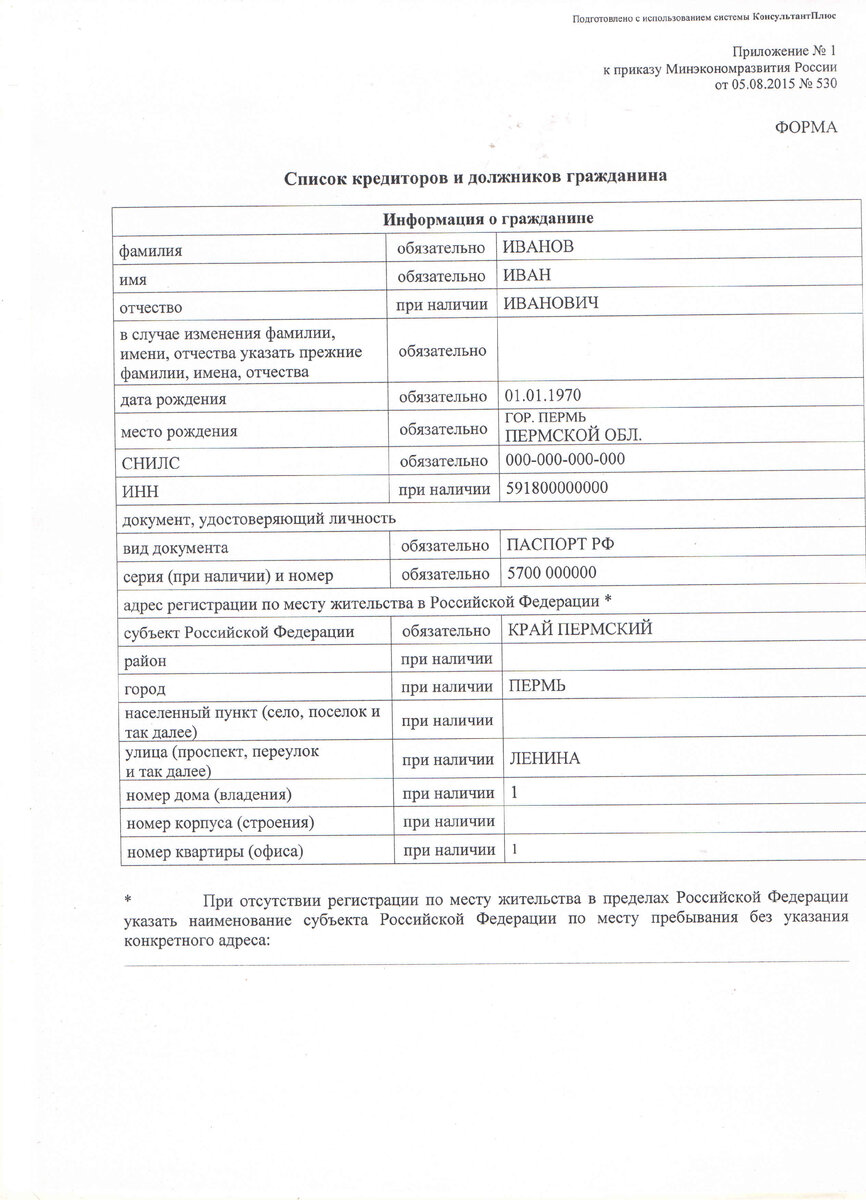 Список кредиторов и должников гражданина образец заполнения.