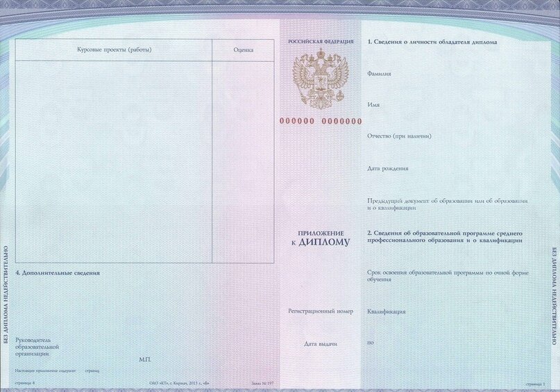 Образец диплома государственного образца о среднем профессиональном образовании с присвоением квалификации