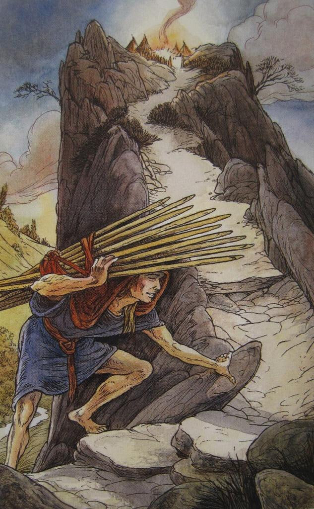 10 посохов таро перевернутая. 10 жезлов райдер уэйт. 10 скипетров таро. 10 посохов. 5 луков таро дикого леса.