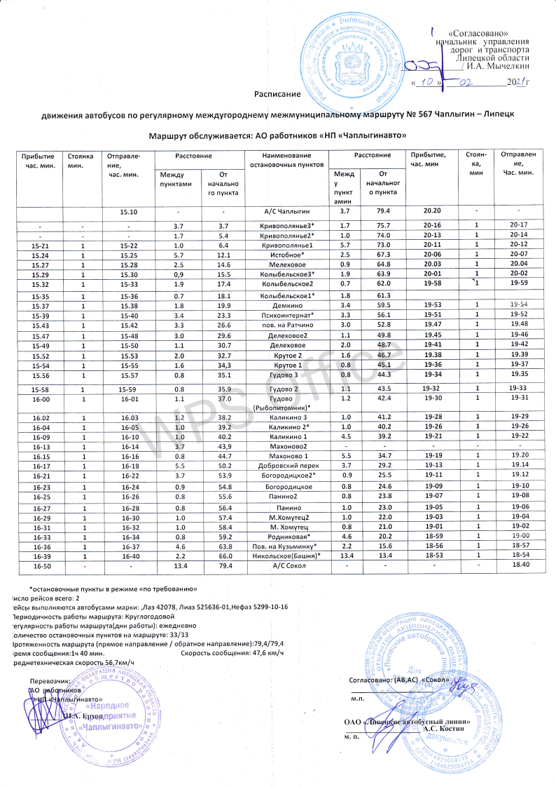 Маршрут автобуса 567 (Липецк - Чаплыгин) на карте Липецка