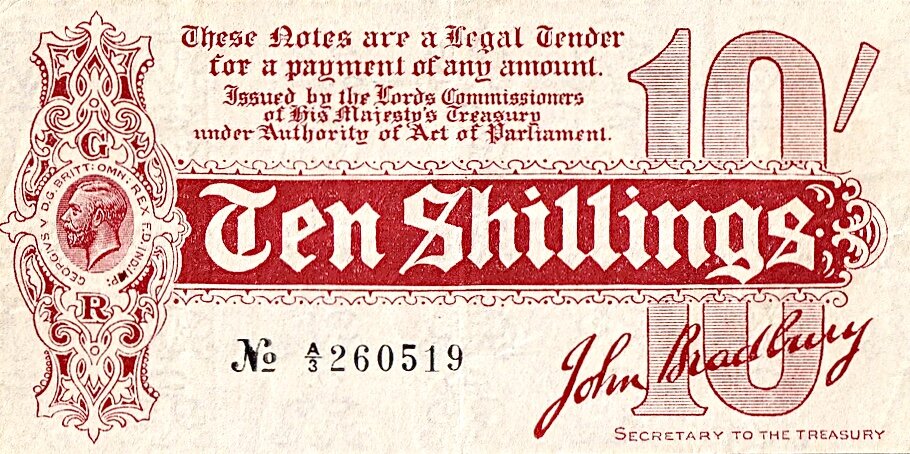 Казначейский билет Великобритании номиналом 10 шиллингов— с подписью “John Bradbury”