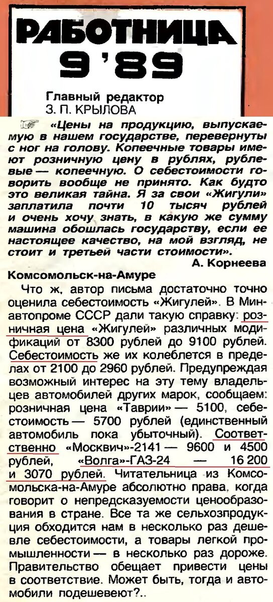 Себестоимость советских автомобилей и их цена продажи