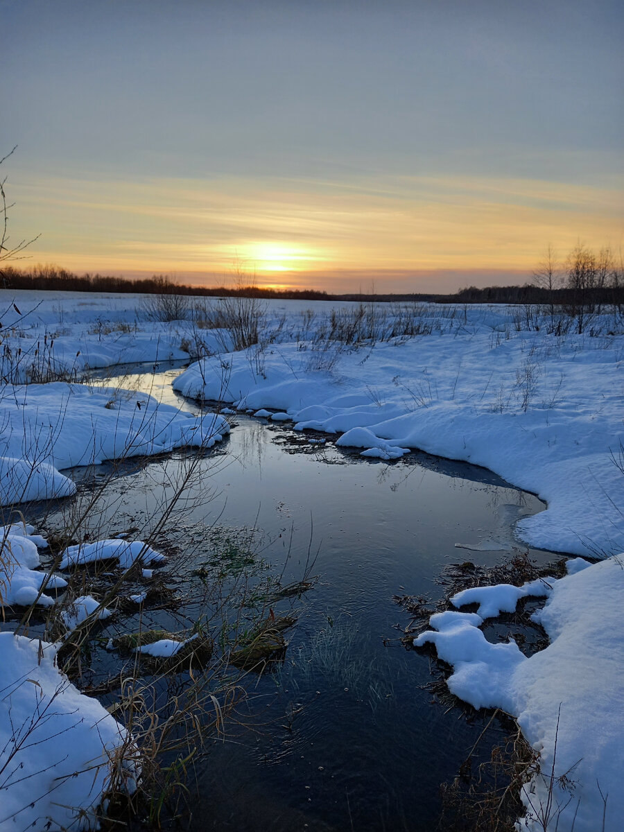 Вечерний ручеек, вытекающий из пруда.