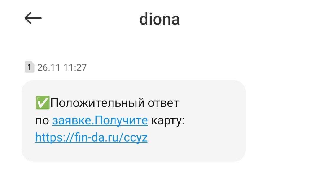 Какая-то Диона, и положительный ответ по заявке. Тут уже мне вообще стало не до смеха. Я же никакие заявки не отправляла. Кто-то зная мой номер телефона и мои данные пытался оформить на меня карту или кредит. Или может если бы я прошла по ссылке, то меня бы взломали. Я не стала переходить конечно. 