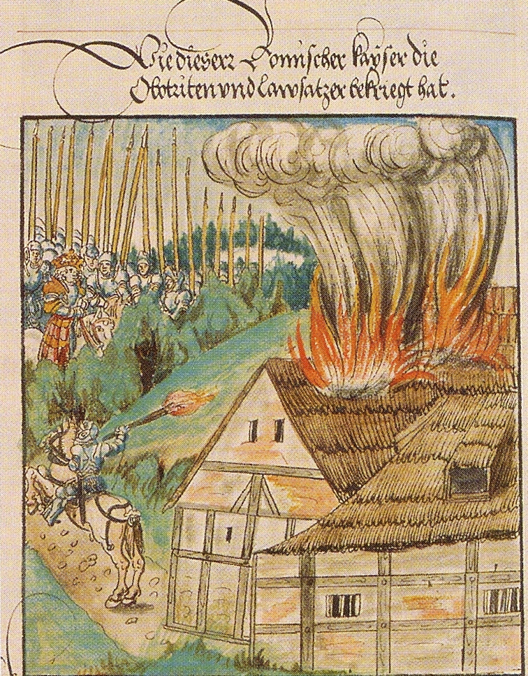 Сожжение Оттоном III славянского селения в Мекленбурге в 995 г. Иллюстрация из «Саксонской хроники» Георга Спалатина. 1530—1535 гг.
