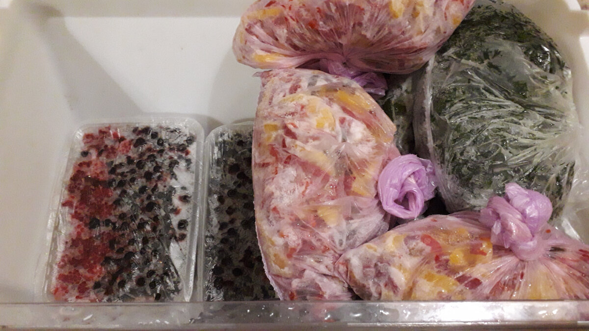 Нижний ящик: замороженная ягода(смородина красная, чёрная, белая, крыжовник, малина), пакеты со щавелем и луком, последний осенний урожай укропа, перец болгарский)