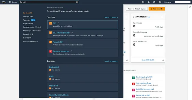 Набираем “ec2” в строке поиска