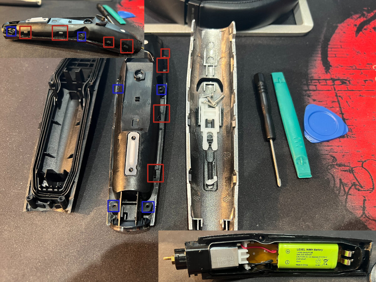 Всё что требуется, для того чтобы разобрать данный тример это отвертка крестовая, медиатор, и пластиковая лопаточка(спуджер). Данный набор остался у меня после покупки оригинального АКБ для Макбук. За неимением можно использовать пластиковую карту которую не жалко. Первым шагом лопаткой залезаем в щель над хромированной полосой изгибом к верхней крышке, высвобождаем поочереди каждый замок(два ответных друг другу выступа на крышке и корпусе) их по 4 с каждой стороны. Выделены на корпусе красными квадратами. После чего снимаем крышку не стесняясь приложить усилия. Второй этап, отворачиваем крестовой отверткой 4 винта, места выделил синими квадратами. Теперь нужно обратить внимание на две клипсы ближе к моторчику(передняя часть устройства) размыкаем их лопаткой и разделяем корпус с нижней крышкой. Внутри увидите электро мотор, плату, аккумулятор из двух батарей на 2.4v 800mAh 
Сам долго искал фото или видео с разбором, но не нашел. Так что делюсь