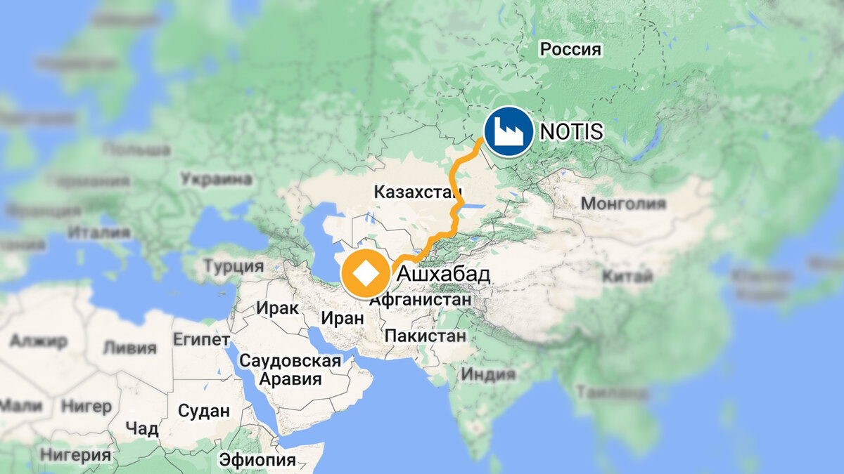 Маршрут между Нотисом и городом Ашхабад 3760 км