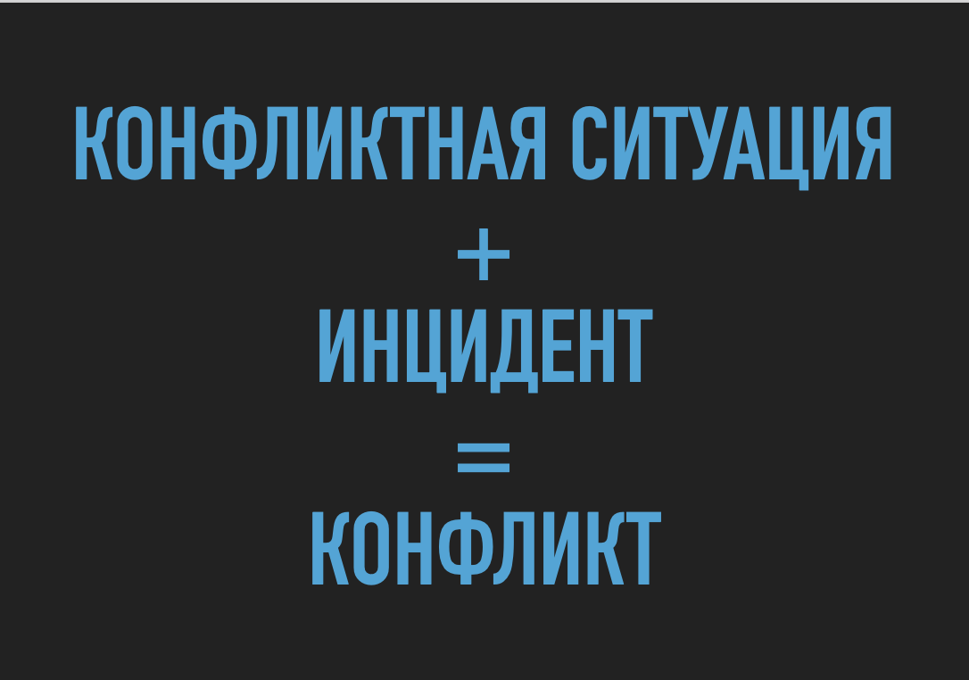 Формула конфликта. Конфликтная ситуация - накопившиеся противоречия, содержащие истинную причину конфликта; Инцидент - стечение обстоятельств, являющихся поводом для конфликта; Конфликт - открытое противостояние, как следствие взаимоисключающих интересов и позиций.