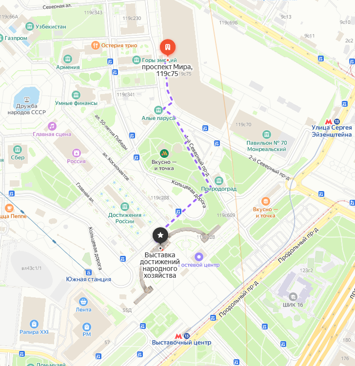 Маршрут до павильона от центрального входа