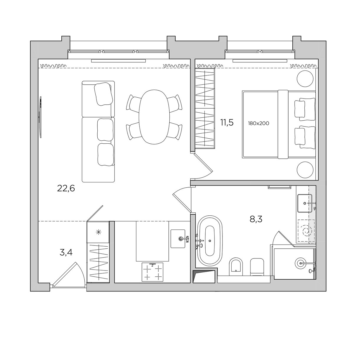 Планировка однокомнатной квартиры с кухней-гостиной и большим санузлом