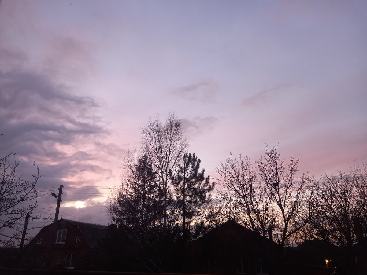 Розовый закат в день штормового ветра 27 ноября 2023 года. Хорошо,  что крыши на месте.