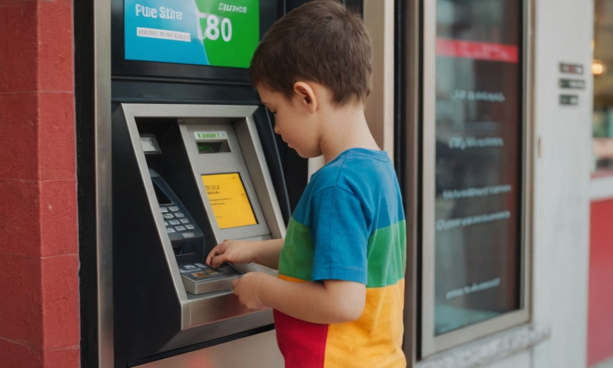Ребенок, проверяющий баланс по детской карте через банкомат