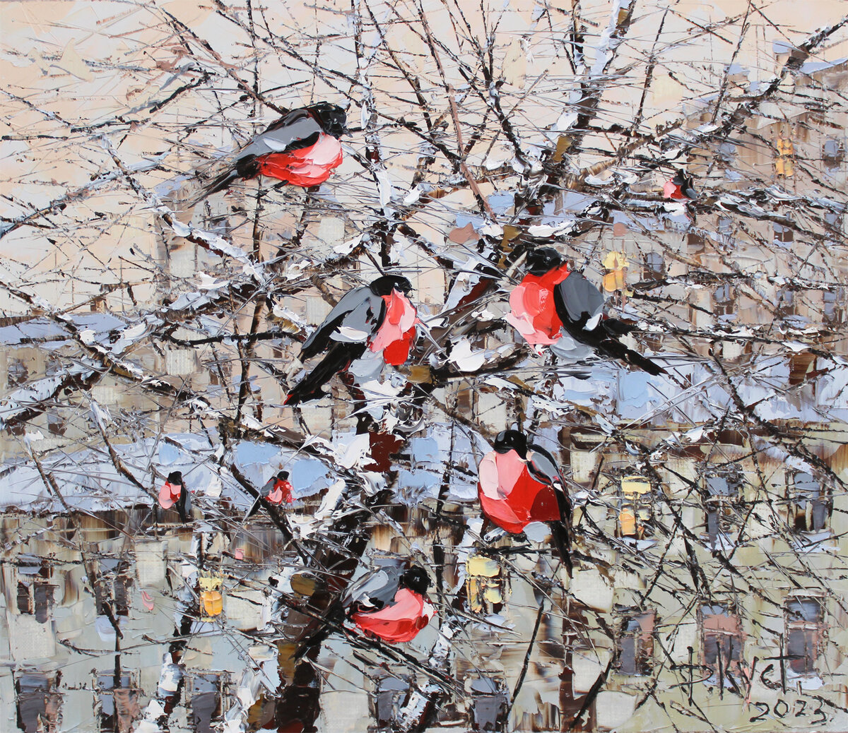 Дмитрий Кустанович. Снегири, 60х70 см, 2023