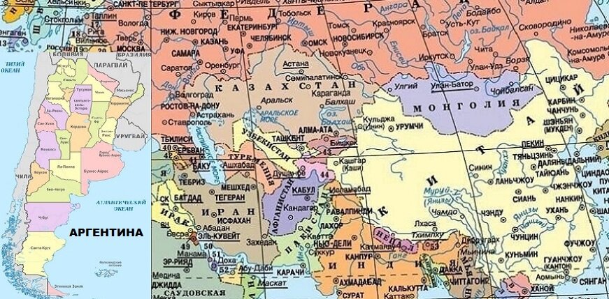 АРГЕНТИНА ОГРОМНА. Сравнительные размеры территорий Аргентины и некоторых стран Азии в одном масштабе. (материал из открытых источников)