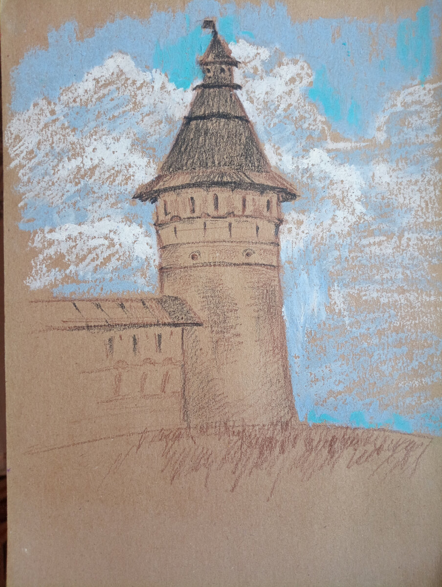 Монастырская башня. Сангина, уголь, масляная пастель. Рисунок автора