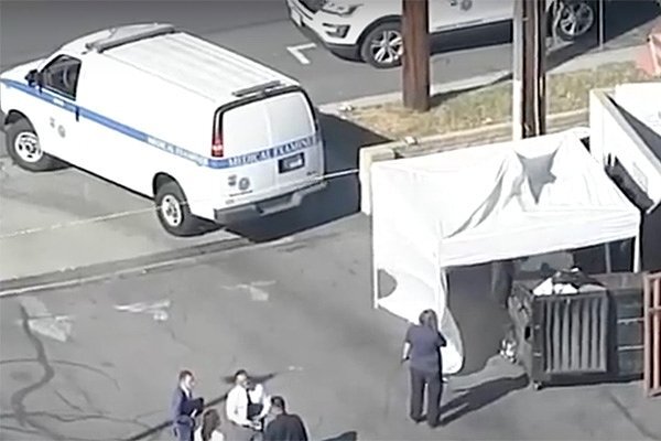    Мусорный контейнер, где было найдено туловище. Кадр: ABC7 / Youtube