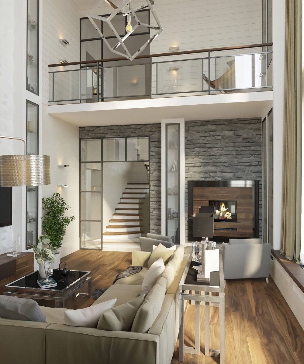 Галерея в гостиной двухэтажного дома