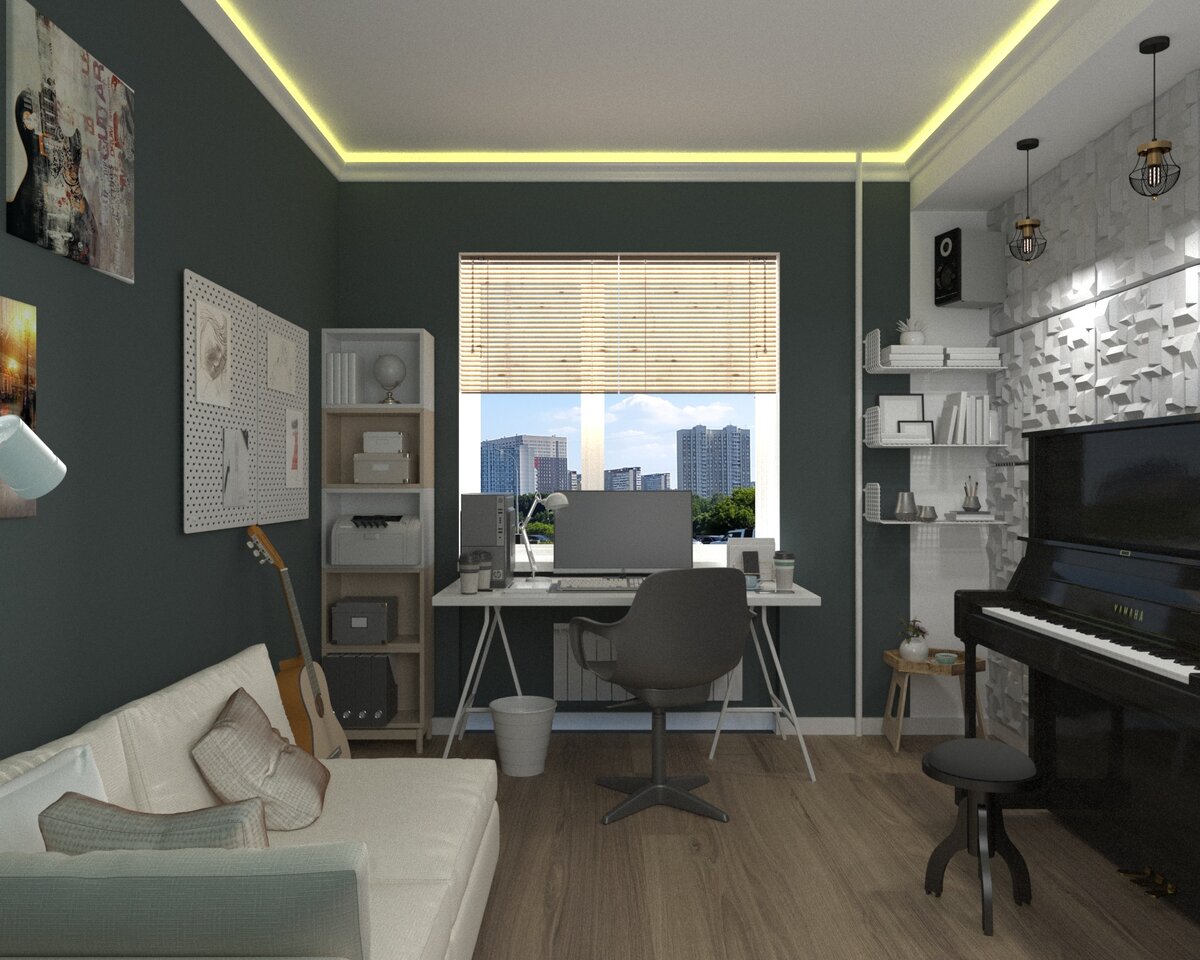 Внешние стены, пол и потолок – звукоизоляция. За фортепиано – звукоотражающие панели.