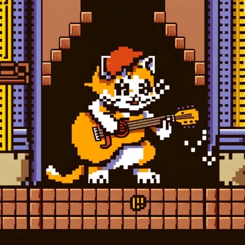 cat playing guitar, 2d game, simple pixel art, Mario bros 1983 color palette, NES, side scrolling --v 4