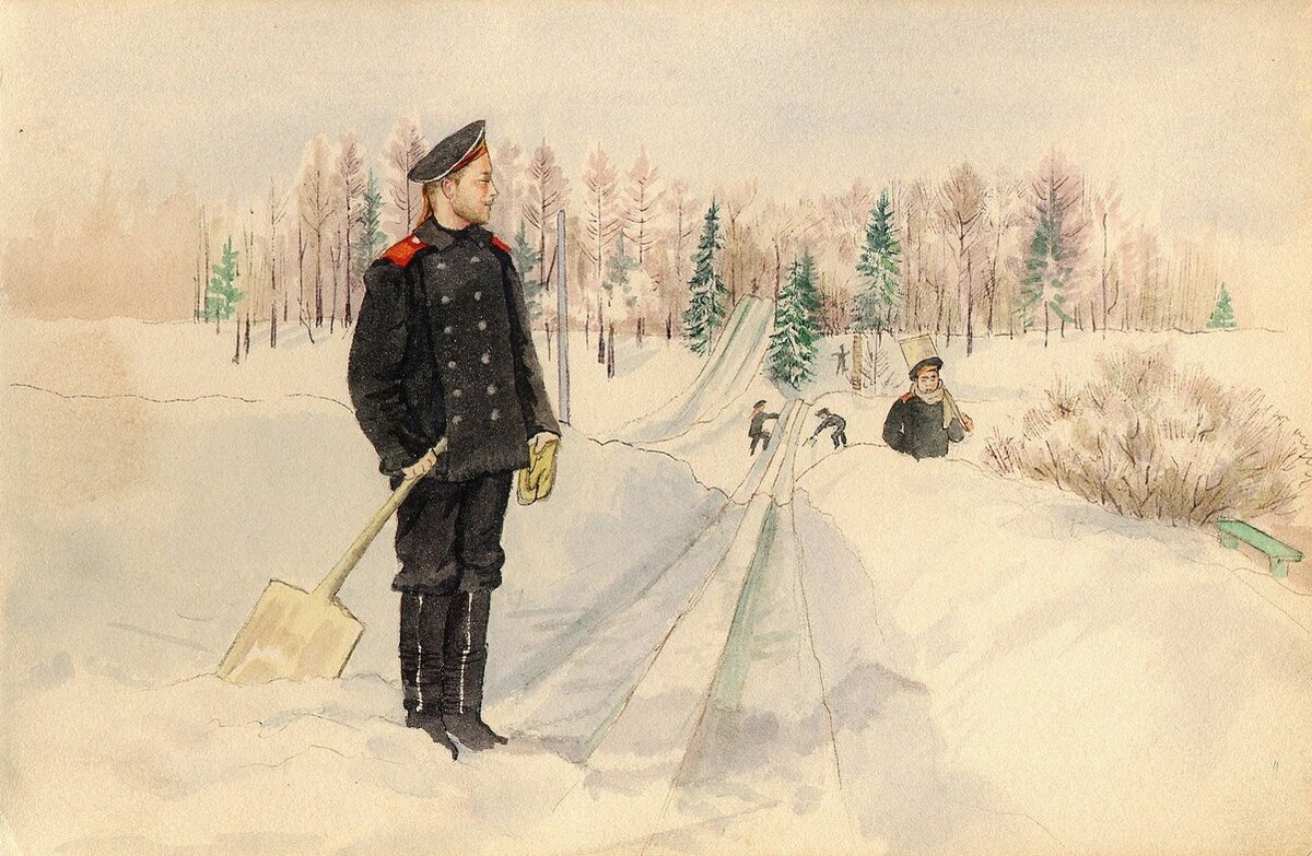 Великая княжна Ольга Александровна. Расчистка снежной горы в Гатчине. 1890-е гг.