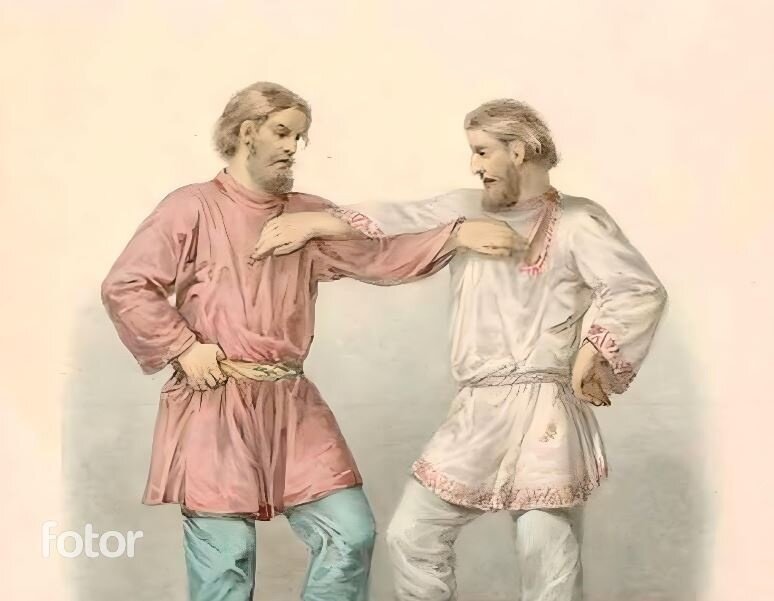 Рисунок Федора Солнцева, 1830-е. На на обеих крестьянских рубахах хорошо виден диагональный разрез