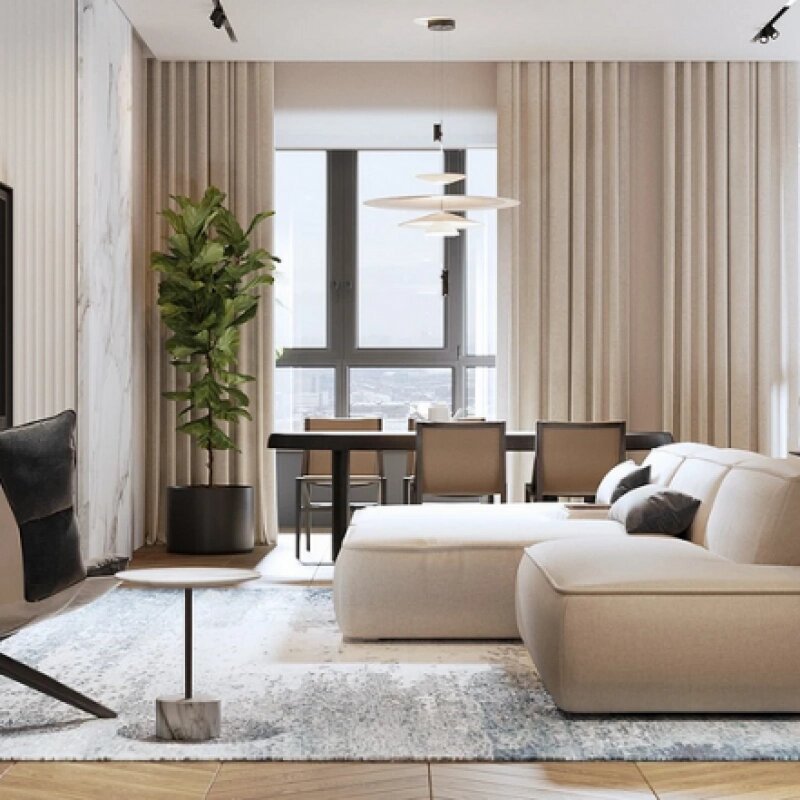 Светлая гостиная со шторами из льна