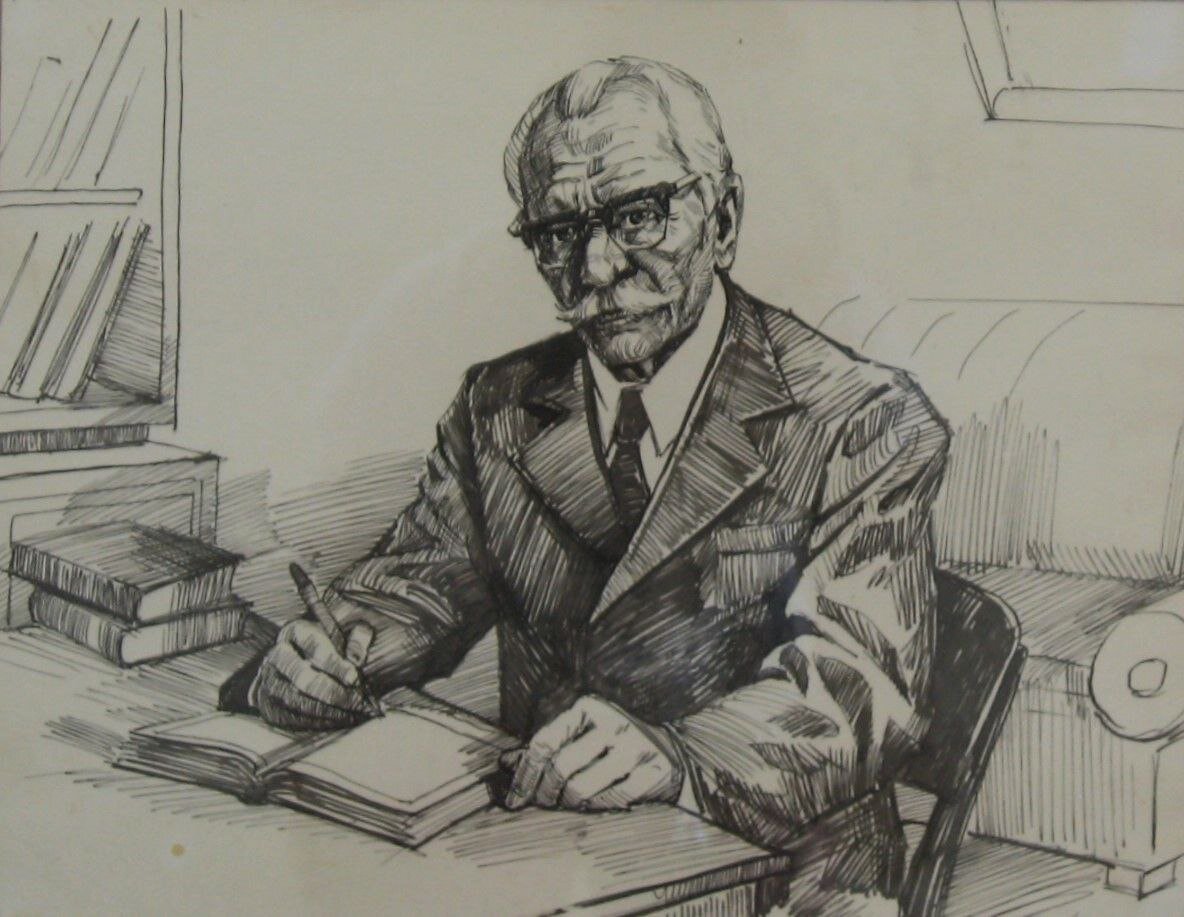 Портрет академика Н.А. Чинакала, б., тушь/перо, худ. И.Е. Доценко, 1970-1980-е гг.