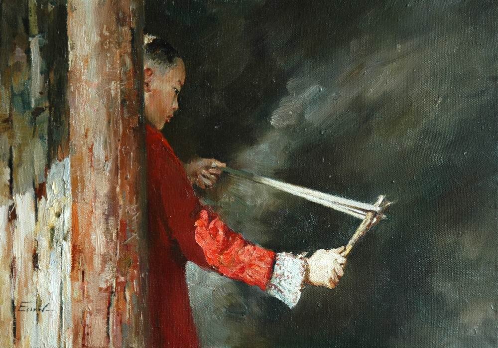 Мальчик с рогаткой. холст, масло 35х50 2007г.