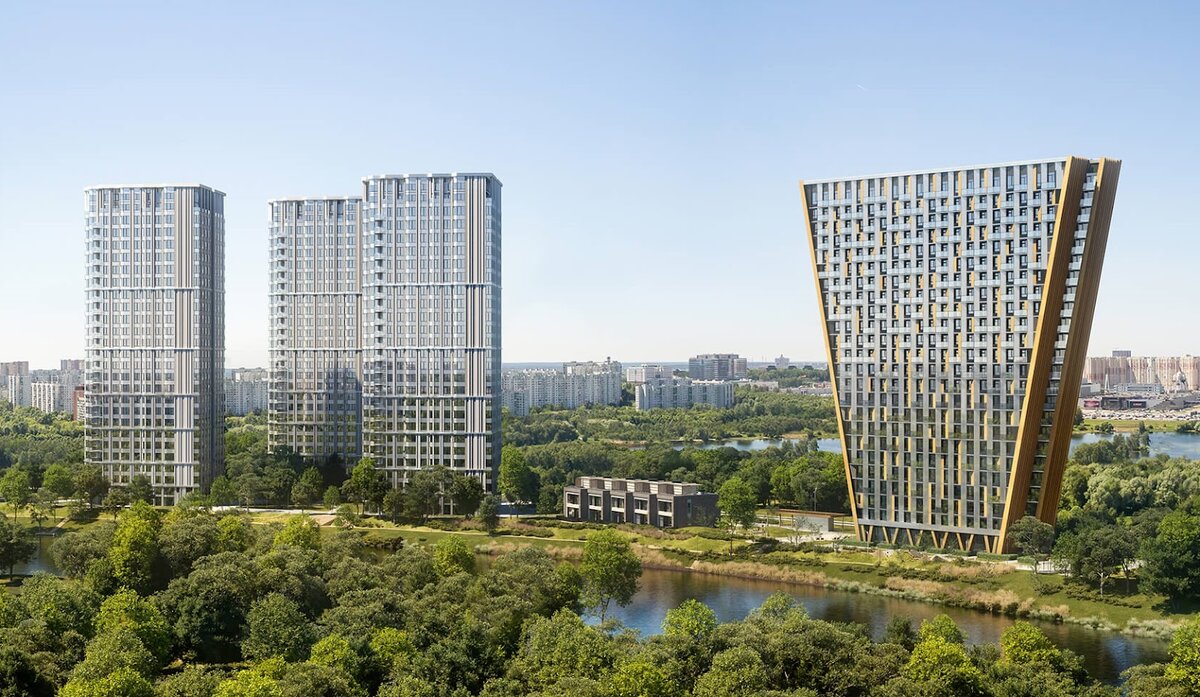 В проекте четыре корпуса — «Восток», «Юг», «Запад» и «Север» — и пять двухэтажных таунхаусов на 1-й береговой линии