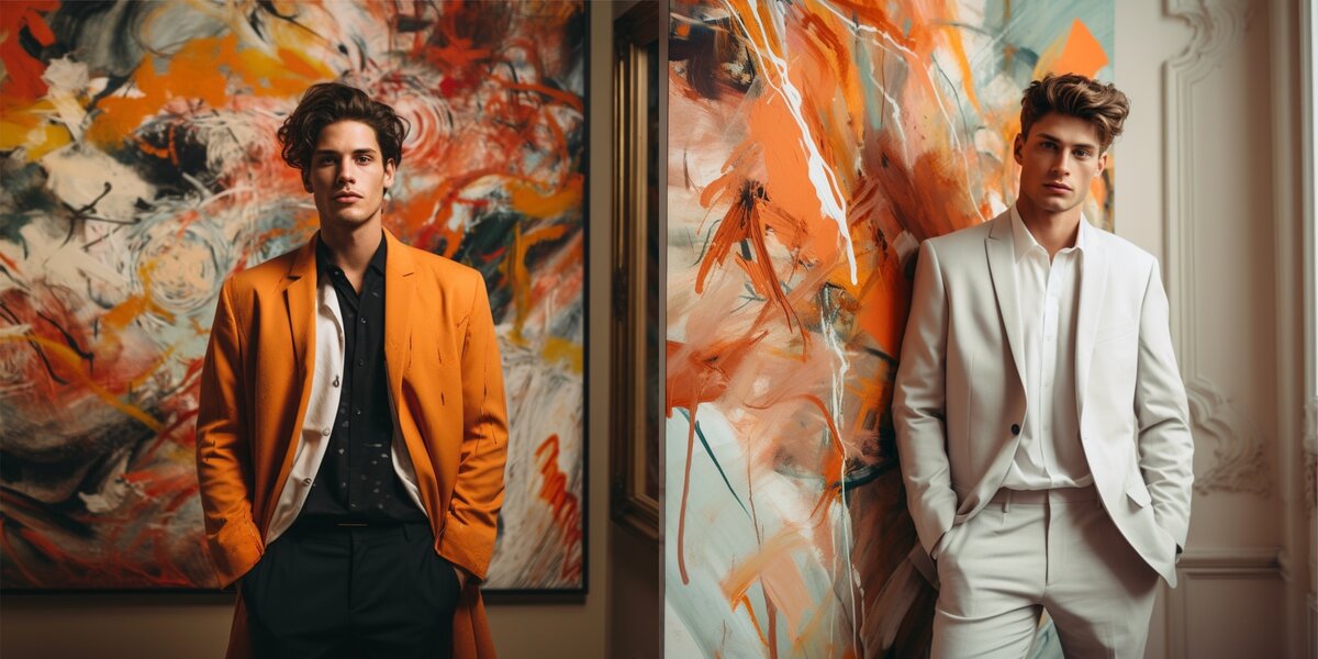 Мужчины, стоящие на фоне картин с абстракцией в оранжево-белой гамме