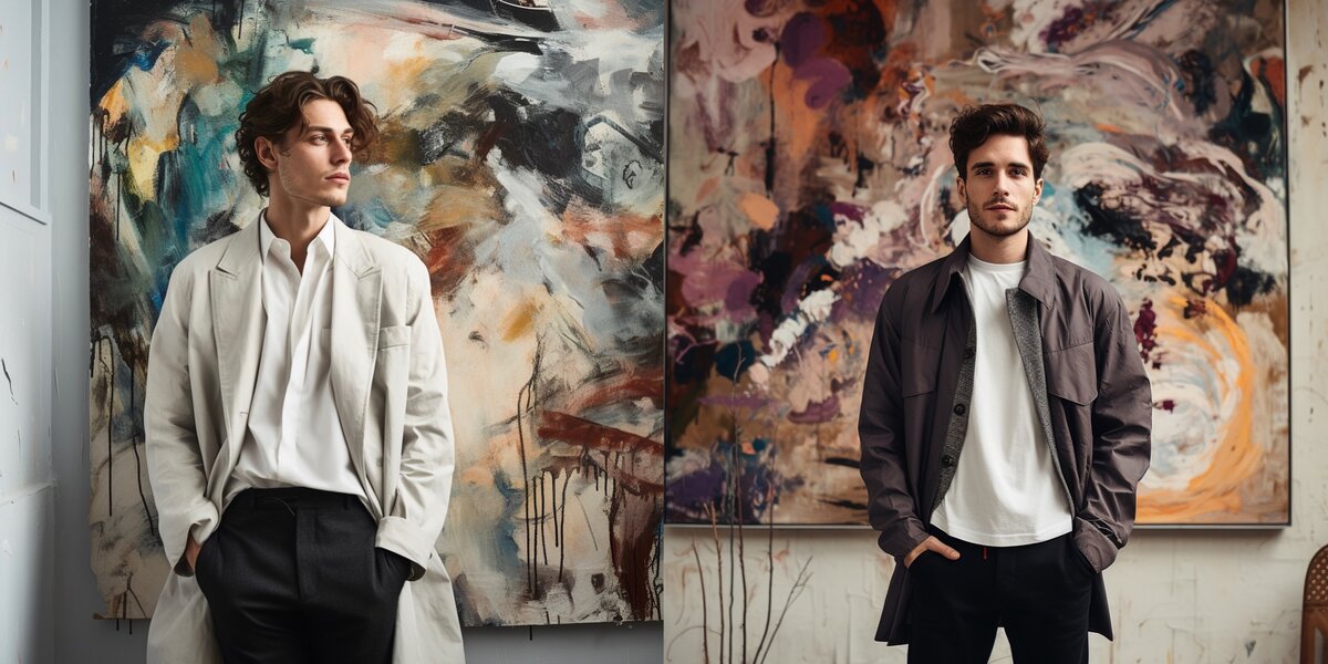 Мужчины, стоящие на фоне картин с абстракцией