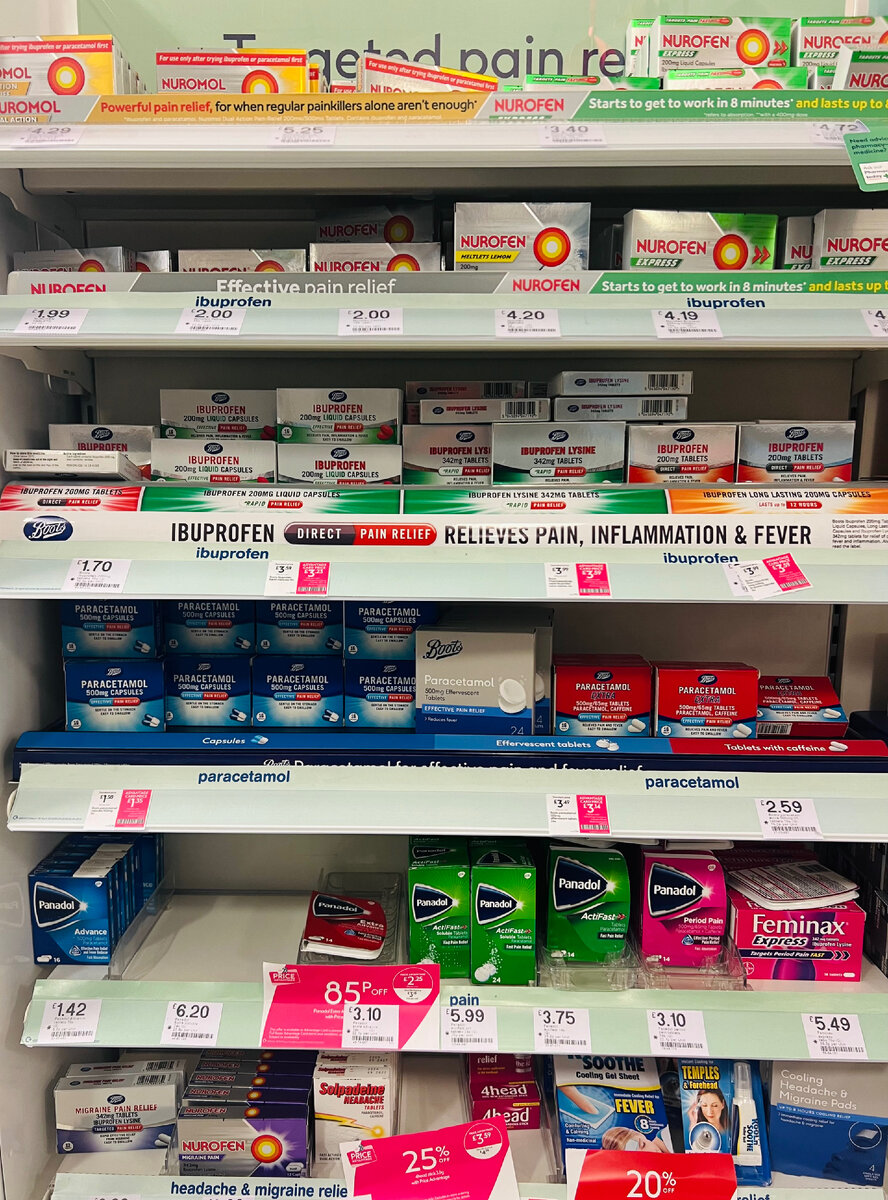 Стенд с парацетамолом, ибупрофеном и нурофеном. Фотография из личного архива. 