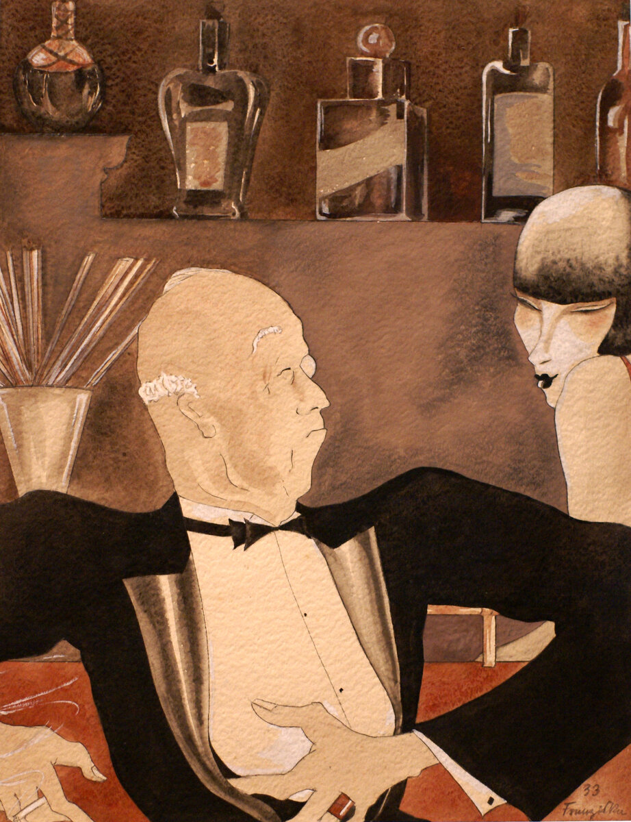 Додо "В баре", бумага, акварель, карандаш, 1933,  Государственные музеи Берлина, официальный сайт - www.smb.museum 