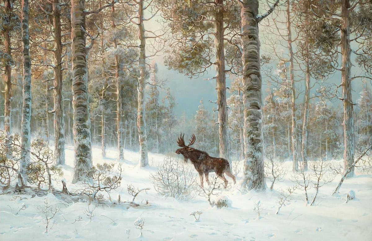 Владимир Леонидович Муравьев (1861-1940) Зимний пейзаж с лосем. Изображение из открытых источников.