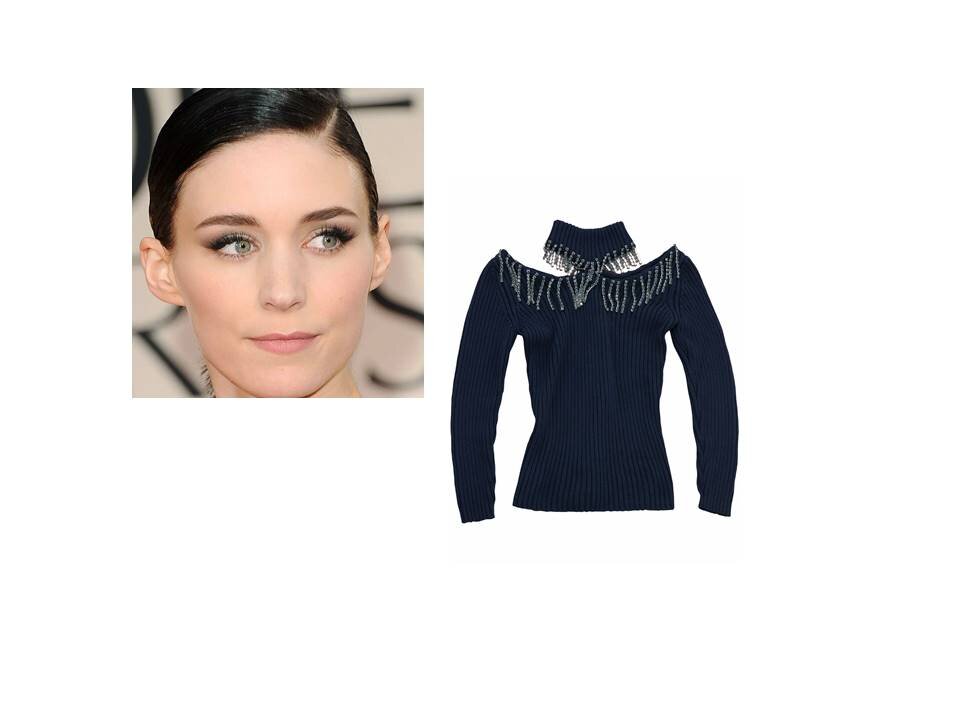 У актрисы Руни Мара тонкие губы. Ей  не идёт объемная причёска, идут гладко убранные волосы. Намеренно подчёркнута интересная форма ушей. Она напоминает маленькую птичку. В её одежде должна также прослеживаться миниатюрность, тонкие линии. В данном случае аккуратная бахрома имеет отсыл к перышкам. Её внешность будет таким образом казаться уникальной, необычной, красивой. 